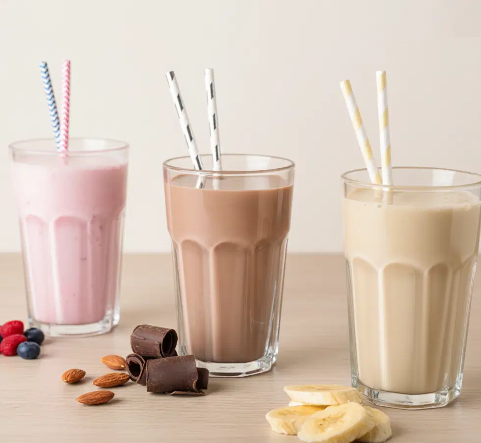 3 milkshake flavours with straws and ingredients