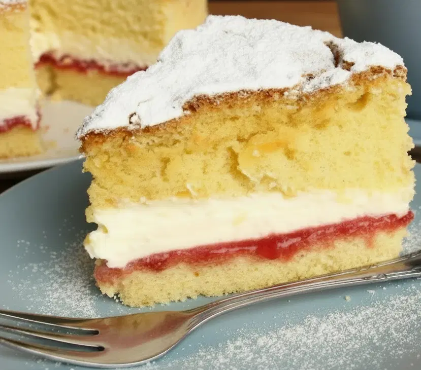 A big slice of victoria sponge cake on a blue plate